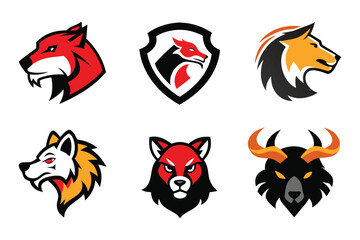 Vector art of a collection of fierce animal head logos isolated on white background for branding