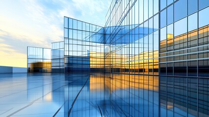 Ultra-modern office complex with a reflective glass facade smooth geometric architecture reflections of a futuristic skyline