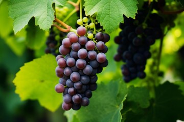 Fototapeta premium Close up of ripe red grapes hanging on the vine, suggesting the imminent harvest season