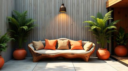 Stylish wooden patio sofa with curved design and orange beige cushions against minimalist gray slat backdrop