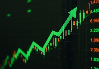 Fototapeta premium Bullish Gemini market trend shown with a rising green arrow over a stock chart on a digital greenscreen, signifying profit and growth.