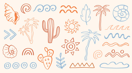 Tropical summer vector doodle illustration set