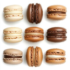 A refined collection of macarons in classic white, soft caramel, and rich coffee brown,