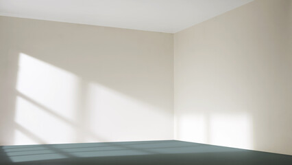Sunlight from the window shines on the empty room walls and floor