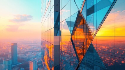 Ultra-modern office tower with a reflective glass facade geometric architecture clean futuristic surfaces reflecting a vibrant cityscape
