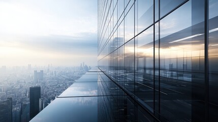Ultra-modern office tower with a reflective glass facade sharp-edged architecture clean surfaces reflecting a futuristic cityscape