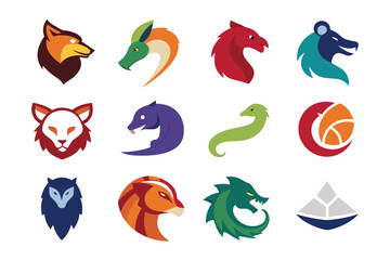 Vector art of collection of colorful animal logo designs isolated on white background