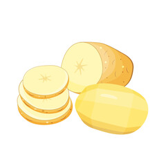 set of whole peeled potatoes, sliced, wedges, isolated on white background.