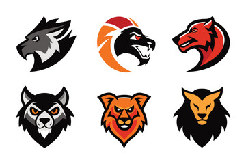 Vector art of collection of fierce animal mascot heads isolated on white background for logo design