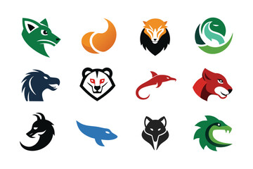 Vector art of various animal logo designs with bold colors and simple shapes on white background