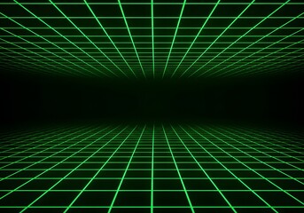 Abstract Gemini technology background featuring a green laser grid with a vanishing point perspective.