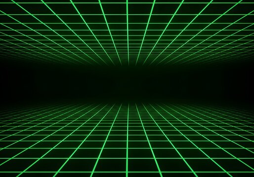 Abstract Gemini technology background featuring a green laser grid with a vanishing point perspective.