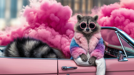 Stylish raccoon in sunglasses sits in pink convertible wearing bright multicolored furry jacket, model surrounded by soft pink smoke in the background, fashion and lifestyle concept