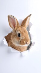 Fototapeta premium Cute bunny peeking through paper hole