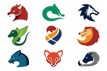 Vector art of a set of colorful animal logo designs isolated on white background for branding