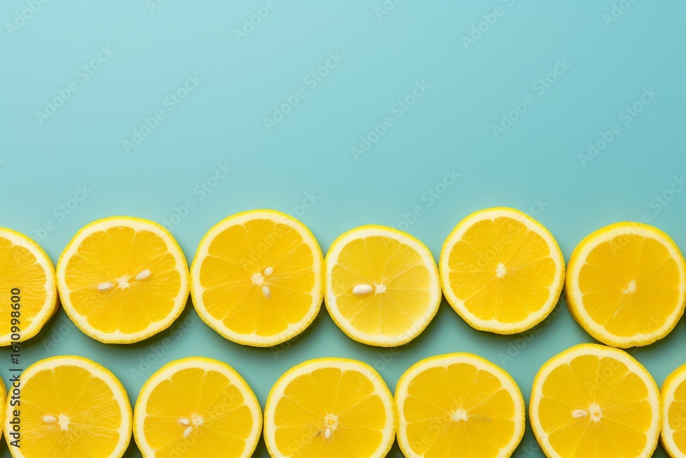 Poster fresh lemon slices arranged in a row at the bottom, creating a vibrant contrast against a teal backd