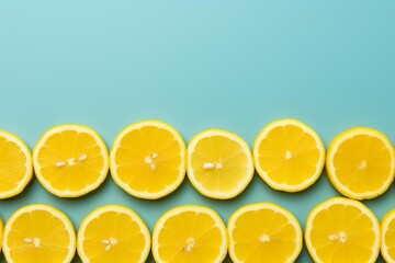 Fototapeta premium Fresh lemon slices arranged in a row at the bottom, creating a vibrant contrast against a teal backdrop