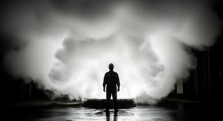 Fototapeta premium Dramatic industrial smoke billows intensely from a dark power plant, highlighting a lone worker's silhouette against bright steam release.