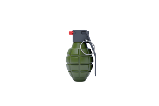 Isolated Green Hand Grenade with Red Pin and Silver Ring Rendered 3D Image on Transparent Background