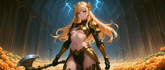 斧を持った美しいアーマーを着た金髪の美少女　Beautiful blonde girl in beautiful armor holding an axe
