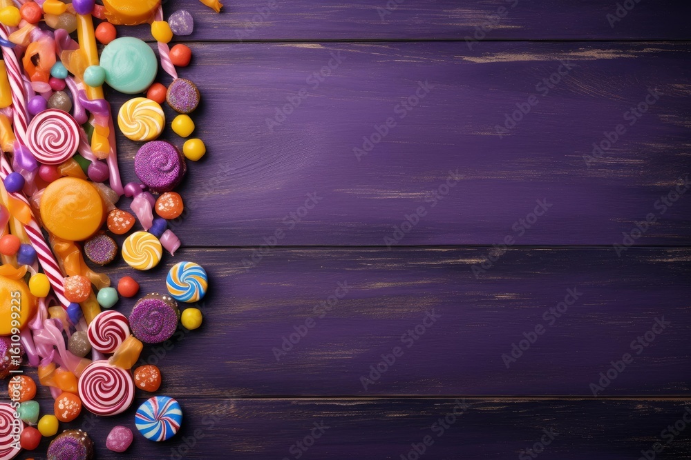 Poster assorted colorful candies creating a sweet border on a purple rustic wooden background with copy spa
