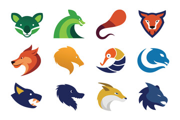 Vector art of collection of colorful animal head logos isolated on white background for branding