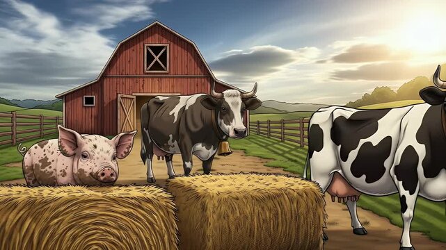 Cartoon farm scene featuring a pig resting on hay bales, with cows standing near a red barn against a sunny landscape.