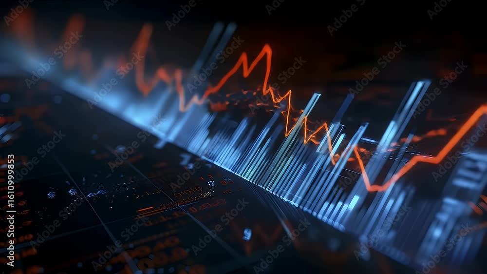Poster abstract financial chart data presentation in dark background with glowing lines