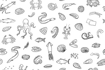 Seamless pattern of seafood. Crab, tuna, octopus, eel, lobster, caviar, mussel, sea urchin, nori, squid, salmon, crawfish, fish, shrimps, scallop, oysters, prawn, cockles, laminaria. Doodle