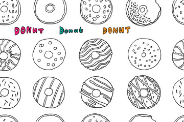 Seamless pattern of various donuts in doodle style. Dessert, sweet food, bakery. Delicious. Unhealthy food. Vector illustration	