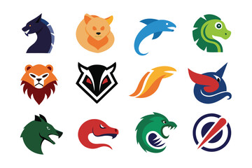 Vector art of a set of animal head logos isolated on white background for branding and design purposes