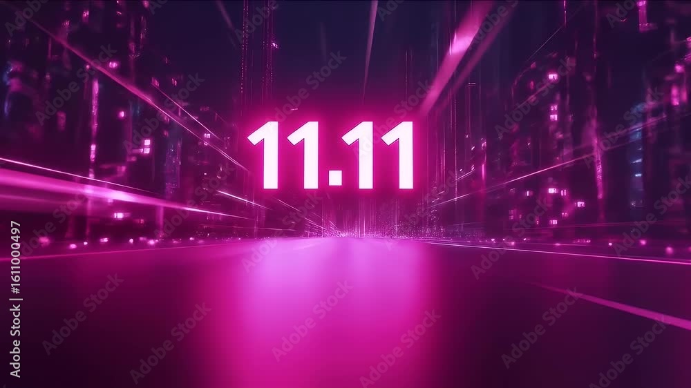 Poster futuristic neon tunnel with grid lines and 11 11 number in cyberpunk style