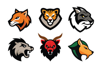 Vector art of a collection of fierce animal mascot logos on a white background