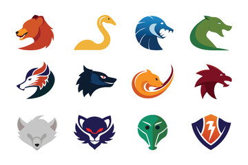 Vector art of a collection of animal head logos isolated on white background for graphic design projects