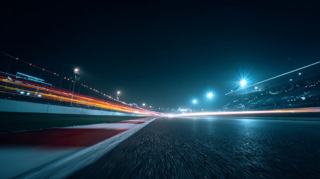 a nighttime scene at a racing track with an action shot of a car in motion and the subsequent blurred lights streaking across the image