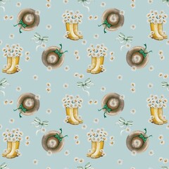 Cute watercolor summer seamless pattern with bouquet of daisies in yellow boots and hat, countryside floral pattern on blue background 