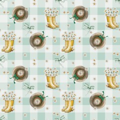 Watercolor seamless pattern with Daises in yellow rubber boots and cottage hat on soft turquoise gingham background 
