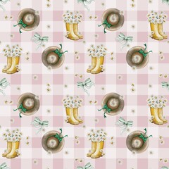 Watercolor seamless pattern with Daises in yellow rubber boots and cottage hat on pink gingham background 