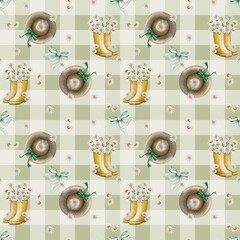 Watercolor seamless pattern with Daises in yellow rubber boots and cottage hat on green gingham background 