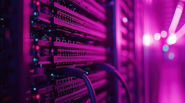 Server rack close-up with cables, illuminated by violet and blue lights