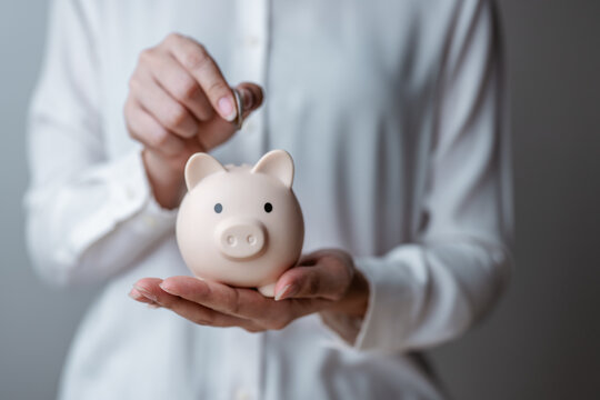 Piggy bank saving money concept. Finance banking plan. Financial save planning. Saving money plan. Retirement pension fund. Personal finance retire. Wealth investing lifestyle. Monthly expenses budget