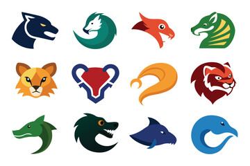 Vector art of collection of colorful animal head logos isolated on white background