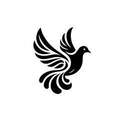 Stylized black dove in flight, symbolizing peace and freedom