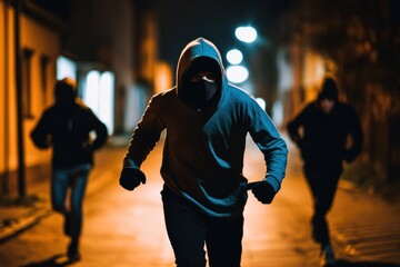 Young men wearing hoodie and mask running