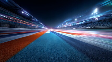 Fototapeta premium a dynamic scene of a racetrack at night, viewed from a high angle to capture the motion blur of cars speeding around the track
