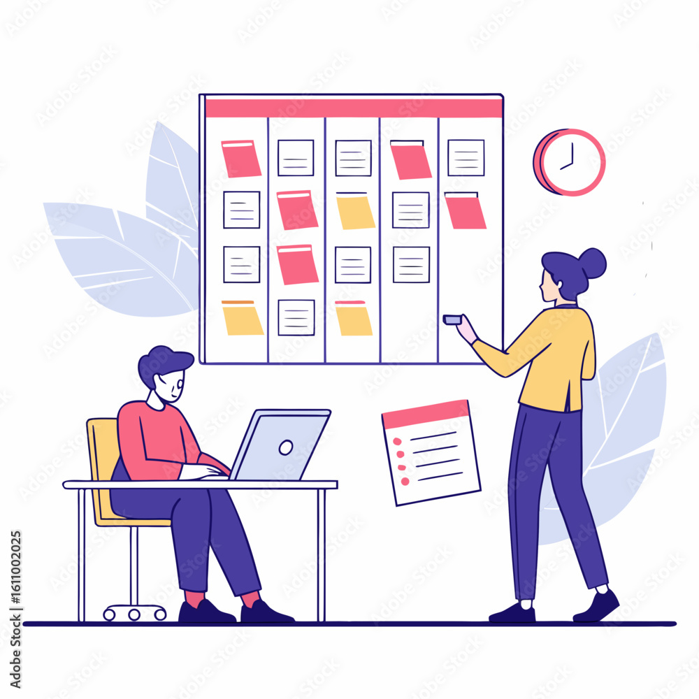 Poster flat vector of a team managing tasks using project management software, kanban board with sticky not
