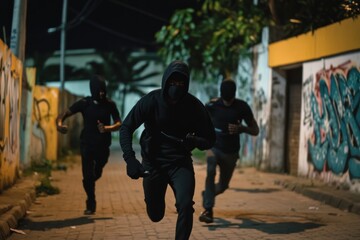 Young men wearing hoodie and mask running
