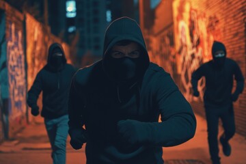 Young men wearing hoodie and mask running