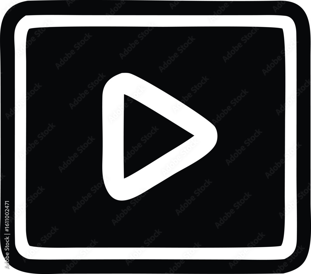 Poster simple hand drawn black and white play button icon inside a square frame representing media playback