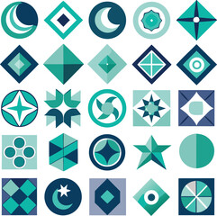 Collection of geometric and celestial icons featuring crescent moons stars and abstract shapes in teal and blue hues